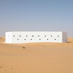 enormous white building with small windows in the middle of the desert