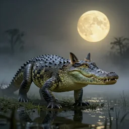 Crocodile with wolf snout and ears, chimera beast prowling in a misty swamp, yellowish full moon in the night sky, extremely detailed, 8K