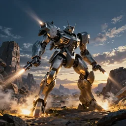 armored core v by liam wong, fromsoftware, booster flares, legs, laser rifles, smoke, karst landscape, ; wide shot, outdoor, dark blue sky, cloud, wilderness ground, golden time, twilight ; digital painting, high contrast, dynamic backlighting, sharp edge, motion blur, photoreal,