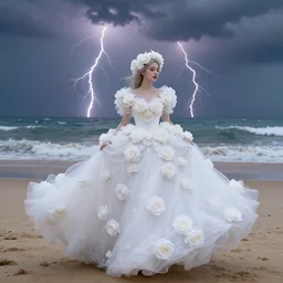 lonely wonderful queen with a white large magnificent more and more vaporous, wrapped, hight decorated detailed, white roses cotton dress is moving in the sand near the ocean, during lightning storm, her face is visible, 8 k