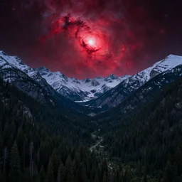 A forested valley surrounded by snow-capped mountains at night, a red nebula in the sky, brightly-lit, no clouds, sci-fi