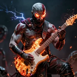 glowing eyes evil kratos shredding on a flaming stratocaster guitar, cinematic render, god of war 2 0 1 8, santa monica studio official media, flaming eyes, lightning