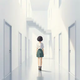a slimegirl woman in a bright white hallway with many doors and many stairs, Mc Escher architecture, epic composition, by Makoto Shinkai