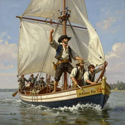 an award winning matte painting of american legend mike fink sailing a keelboat down the mississippi river, epic scene, in the style of george philip reinagle, greg rutkowski, jan van de cappelle, digital painting, photorealistic, ornately detailed, unreal engine, extremely detailed masterpiece, illustration, trending on artstation