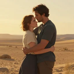 jonah hill and emma watson in a peaceful wasteland, golden hour, digital art, loving embrace, trending on artstation
