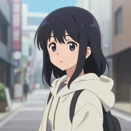 black haired girl wearing hoodie, city, anime key visual, kyoto animation