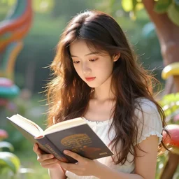 the portrait beautiful young girl reading a book, her hair flowing down, by wenjun lin, irakli nadar, bright colors, wenjun lin, unreal engine 5 highly rendered, global illumination, radiant light, detailed and intricate environment