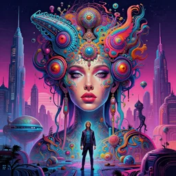 cinematic complex hyperdetailed maximalist illustration of a dmt trip in a retrofuturist scifi city combined with a complex psychedelic portrait by legendary artists salviadroid feat android jones lsd trip illustration. Mind high on acid