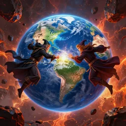 two mysterious wizards fighting and falling towards the center of the Earth, rocks falling, lava in the background, digital art highly-detailed epic fantasy