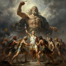 highly detailed painting of julius caesar fighting a looming demigod, dramatic, sense of scale, stephen bliss, unreal engine, greg rutkowski, ilya kuvshinov, ross draws, hyung tae and frank frazetta, tom bagshaw, tom whalen, nicoletta ceccoli, mark ryden, earl norem, global illumination, god rays, windswept