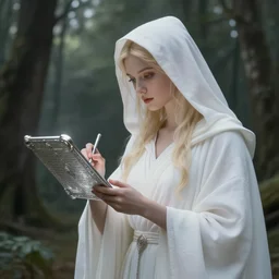 the goddess of memory inscribing prayers on a floating silver tablet in a forest, white hood, white robes, blonde, fantasy, magical, realistic and detailed, spiritual, supernatural, intricate, elegant, highly detailed, digital painting, trending on artstation, by wlop, 4 k octane render