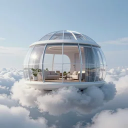 a floating modular dome house in a cloud, futuristic, in a cloud, octane render, glass
