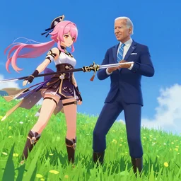 photorealistic Joe Biden meets a beautiful anime swordfighter girl with pink hair on a bright green grassy hill with a deep blue sky in Genshin Impact, pixiv, game art, digital art, anime screenshot, kyoto animation, makoto shinkai, trending on artstation
