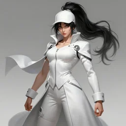 a highly detailed illustration of fierce tall amazon messy ponytail black haired one armed delinquent japanese woman wearing white cap wearing long white jacket with cape, powerful imposing pose, muscular, perfect face, intricate, elegant, highly detailed, centered, digital painting, artstation, concept art, smooth, sharp focus, league of legends concept art, wlop.