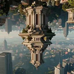 a very high resolution image from a new movie, upside - down old temple and cyberpunk city, beautiful scenery, photorealistic, photography, directed by wes anderson