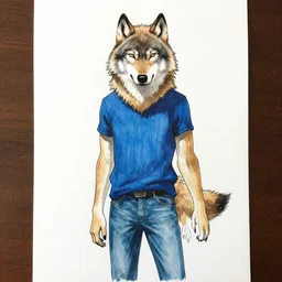 a wolf wearing a blue shirt and jeans, Greg Rutkowski, marker
