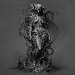 charcoal painting of a sculpture, distorted, vines, abstract, creepy, intricate, elegant, highly detailed, ray tracing, digital painting, artstation, concept art, art by artgerm and greg rutkowski and alphonse mucha, 8 k