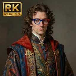 an anthropomorphic beautiful male wizard portrait in cinema wearing colourful robe, blue and red glasses, curly hair, fine art, award winning, intricate, elegant, sharp focus, octane render, hyperrealistic, cinematic lighting, highly detailed, digital painting, 8 k concept art, art by jamie hewlett and z. w. gu, masterpiece, trending on artstation, 8 k