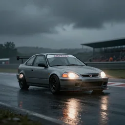 Honda Civic 2001. Honda LMP2 car racing on dimly lit track overcast skies raining headlights illuminating the track cinematic digital painting vray photo muted colors dark cinematic