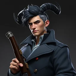 league of legends concept art handsome tall man with large curved imp horns on a head, black and white striped short hair, tattered slate gray collared coat with red buttons, holding old musket, art by charles liu, perfect angle, fantasy style, soft lighting, vibrant color scheme, ultra detailed, volumetric lighting, octane render, commission art, 8 k wallpaper