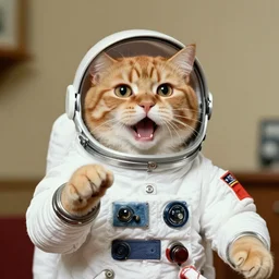 1 9 8 0's color photo of hissing ginger cat in spacesuit giving public speech