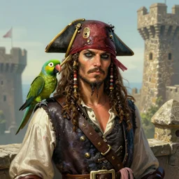 captain pirate with a green parrot on the showder. from the top of a stone fortress. intricate, elegant, highly detailed, digital painting, artstation, concept art, sharp focus, illustration, by justin gerard and artgerm, 8 k