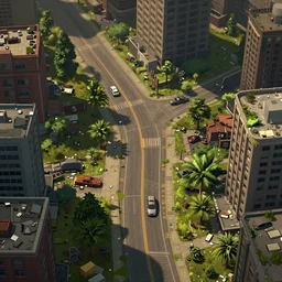 a stylized 2 d cinematic of a post - apocalyptic tight downtown covered by nature roads seen from above debris, abandoned, joy gaze, cel - shaded, edge - to - edge print, rule of thirds, golden ratio, ambient lighting, trending on artstation, octane render, unreal engine