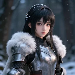 portrait focus of knight beautiful 3D anime girl, fluffy armor wearing, dark forest background, snowing, bokeh, inspired by Masami Kurumada, digital painting, high contrast, unreal engine render, volumetric lighting, high détail