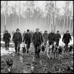movie still by tarkovsky crowd of hunter and crowd of dogs running 1 in a swamp snowy with birch forest backround, cinestill 8 0 0 t 3 5 mm b & w, heavy grain, high quality, noir, natural textures, photorealistic, ambient occlusion, hd, dof, mud, fog
