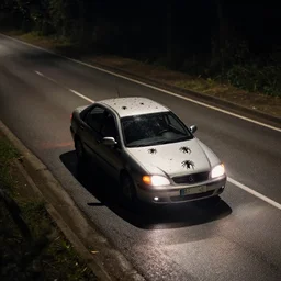 a car on road little bit covered with spiders in a dark night, photorealistic