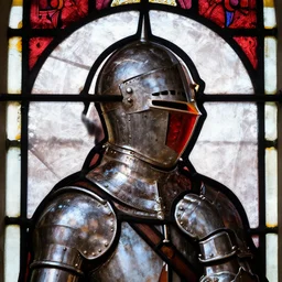 side - view portrait of a knight, helmet with spikes on top, red visor, tenth century stained glass window, very masterful