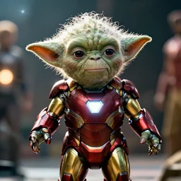 yoda as tony stark in ironman, splash art, movie still, cinematic lighting, dramatic, octane render, long lens, shallow depth of field, bokeh, anamorphic lens flare, 8 k, hyper detailed, 3 5 mm film grain