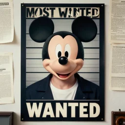 Most Wanted Criminal FBI poster featuring realistic mugshot of a realistic Mickey Mouse, photorealistic, the poster is on a wall among other papers. Cinematic. Detective with his crime board. High resolution, dramatic lighting, award winning. Rendered with autodesk arnold unreal engine octane render Lumion Blender Maxwell.
