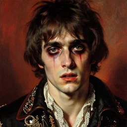 a handsome but sinister and creepy young man in layers of fear, with haunted eyes, violence in his eyes, 1 9 7 0 s, seventies, delicate embellishments, a little blood, crimson, painterly, offset printing technique, by alexandre cabanel