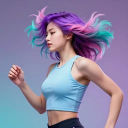 a award winning full body shot of a beautiful woman in a croptop with a ombre purple pink teal hairstyle with head in motion and hair flying, outrun, vaporware, vivid colors, highly detailed, fine detail, intricate