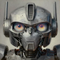 desaturated!!! holy saint aura battle robot award winning closeup portrait huge transformer eyes symmetry faded tetrachromacy desaturated colors trippy background tim hildebrandt wayne barlowe bruce pennington donato giancola larry elmore masterpiece trending on artstation cinematic composition beautiful lighting hyper detailed!!! 8 k oil on canvas