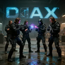 two groups of thugs with black tactical outfits and weapons are making a trade of glowing technology, inside a dim lit warehouse with wet floor, futuristic space western aesthetic, cinematic composition, cinematic colors, 3 5 mm film, roger deakins style, realistic film, imax quality