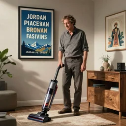 Jordan Peterson cleans his room with a vacuum, motivational poster, inspirational art, high detail, realistic, mid shot, open