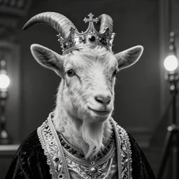 Cinematic studio still of an anthromorphic goat wearing a gold crown and royal robe, close up black and white portrait, shallow depth of field, poorly lit, rap album cover