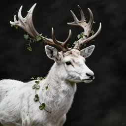 highly detailed portrait of a white stag with vines entwined with its antlers by roger dean and alena aenami, dynamic lighting