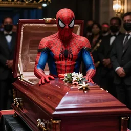 an open casket funeral for a guy dressed in a full-body Spider-Man halloween costume