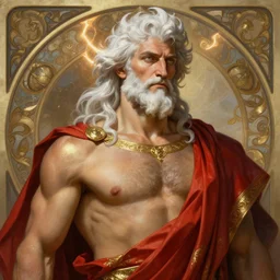 painted portrait of rugged zeus, god of thunder, greek god, white hair, masculine, mature, handsome, upper body, red and gold, silk, muscular, hairy torso, fantasy, intricate, elegant, highly detailed, digital painting, artstation, concept art, smooth, sharp focus, illustration, art by gaston bussiere and alphonse mucha
