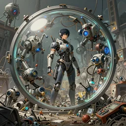 an intricate concept art of a human experiment inside a glass circle in a robot junkyard, post - apocalyptic, hyper maximalist, matte painting, ultra detail, concept art, hyper realistic, cgsociety, hyper maximalist, artstation, deviantart, style by feng zhu and dylan cole, octane render, anime style