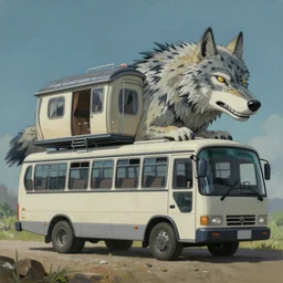 Mythical creature - hybrid of bus and wolf, having cabin if form of wolf head and long body of bus with wheels and windows, oil on canvas, fantasy, digital painting, concept art, smooth, sharp focus, illustration, artstation trending, octane render, unreal engine, Ghibli, anime style