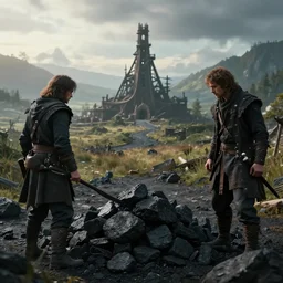 an ultra realistic, cinematic, fantasy coal min in a serene landscape, detailed, deep focus, movie still, dramatic lighting, ray tracing, by wlop and ross tran