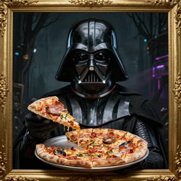 gold bordered portrait of darth vader holding a slice of pizza, hyper realistic, surreal, gothic, cyberpunk, nightcore, 4 k, highly detailed, beautifully rendered