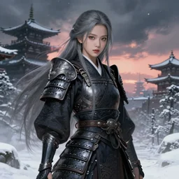 portrait jisoo blackpink, grey hair armored samurai clothes, in japanese temple stormy snowy sunrise, ssci - fi and fantasy, intricate and very very beautiful and elegant, digital painting, artstation, concept art, smooth and sharp focus, illustration, art by tian zi and wlop and alphonse mucha