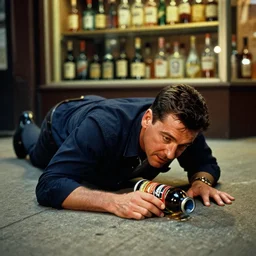 Ronald Reagan crawling to the liquor store drunk on the sidewalk, cinematic lighting,