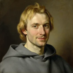 a man aged 4 0 with blonde hair and hazel eyes and a friendly expression. he is clean shaven and wearing a grey cloak. head and shoulders portrait painting by artgerm and greg rutkowski and alphonse mucha.