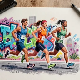 a graffiti drawing of three people running a marathon